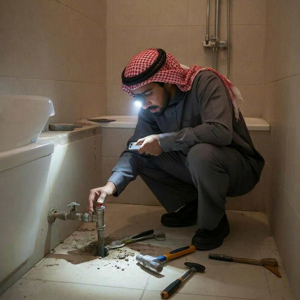 كشف تسربات المياه - فحص خط مياه في دورة المياه بكشاف وأدوات احترافية